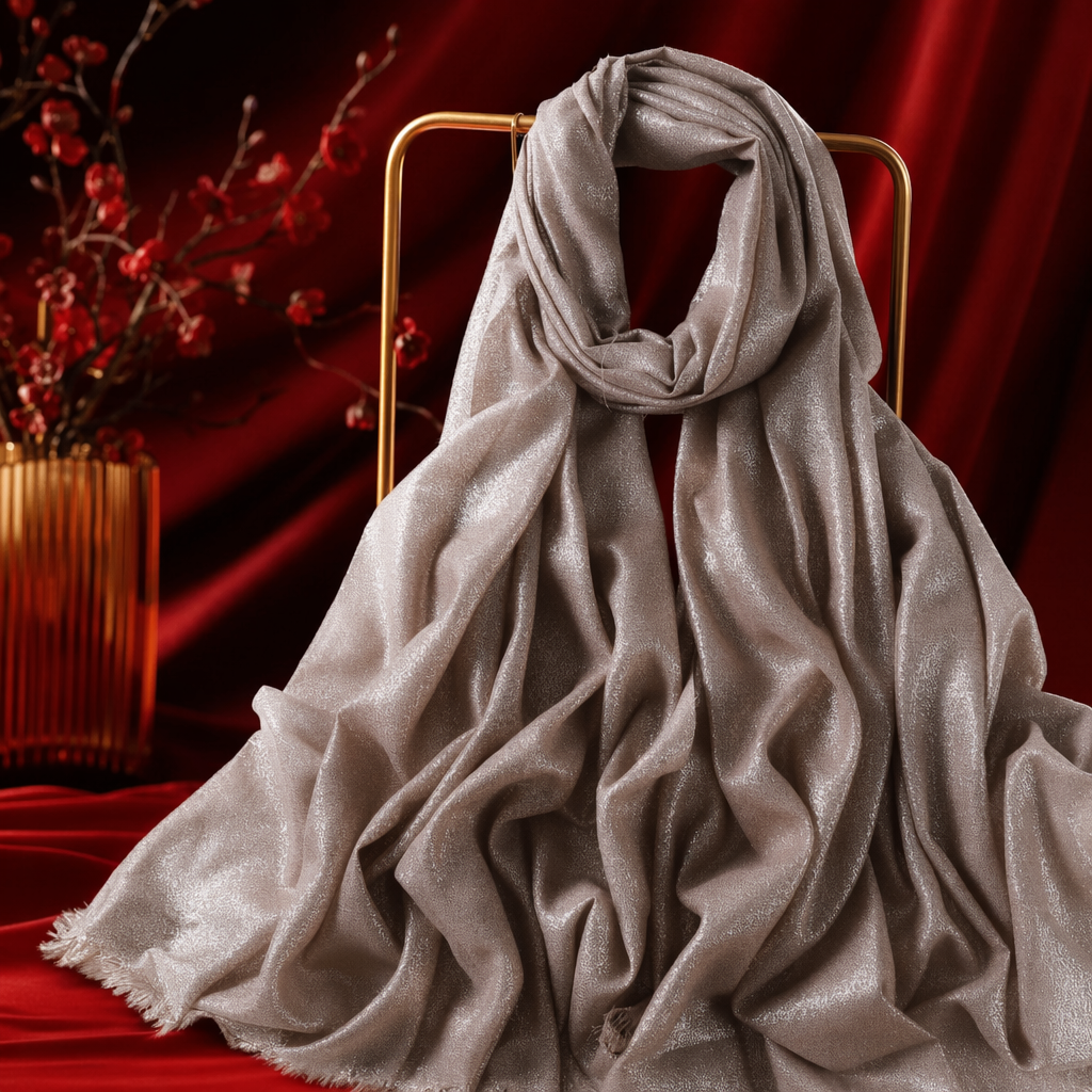 Beige bright silk knitted scarf is a fashionable, versatile and warm accessory for autumn and winter Specification image