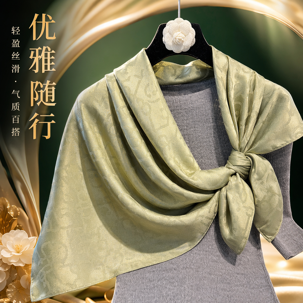 A light green printed silk scarf paired with a grey knitted sweater is a fashionable and versatile women's scarf Specification image