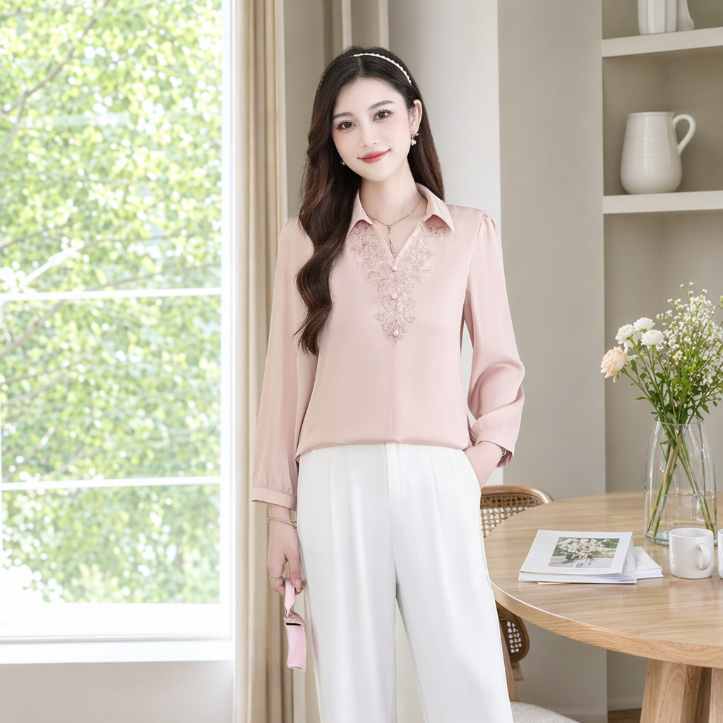 Pink shirt women's slimming and form-fitting top details Picture