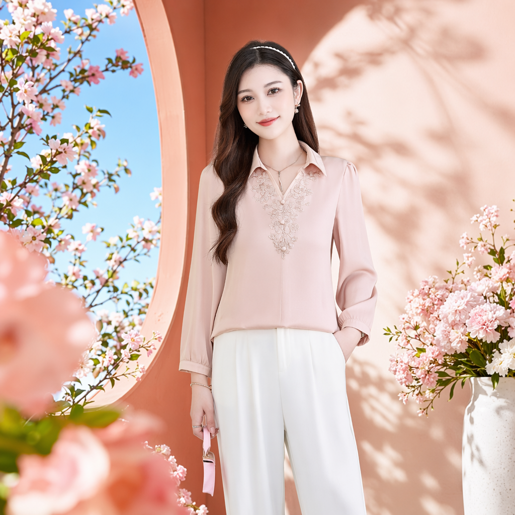 Pink shirt women's slimming and form-fitting top Specification image