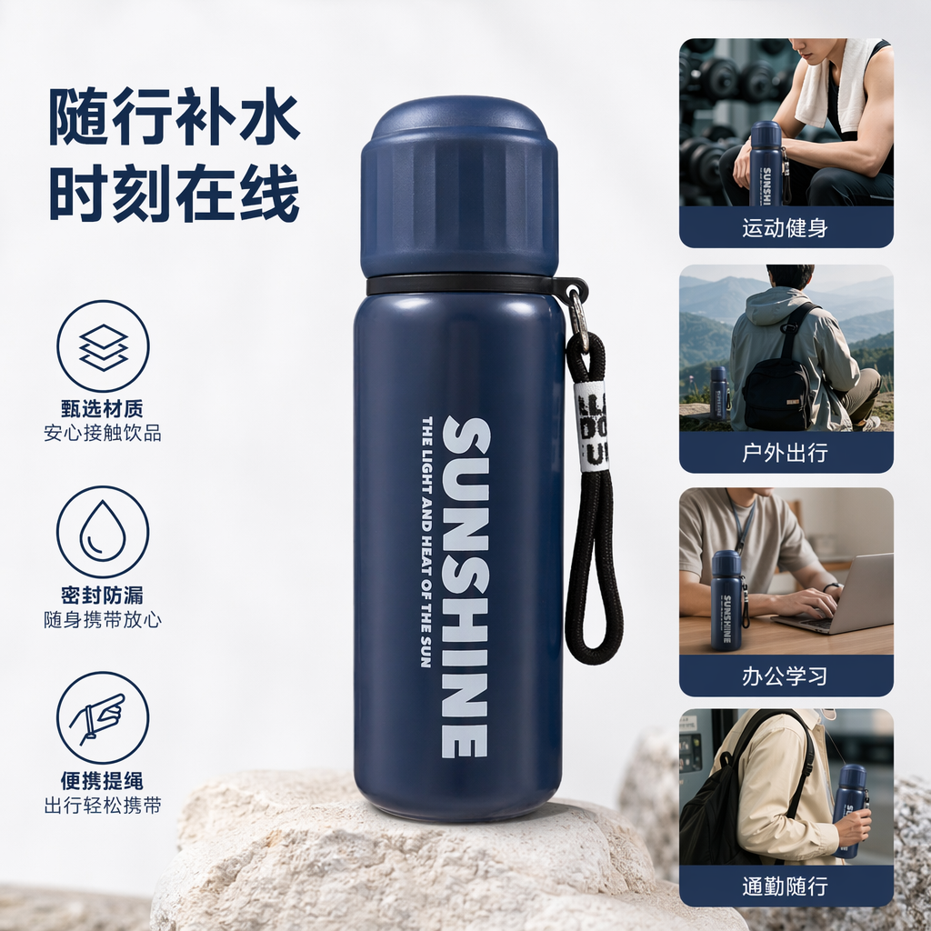 Deep blue simple insulated water cup, 500ml, stainless steel vacuum insulated