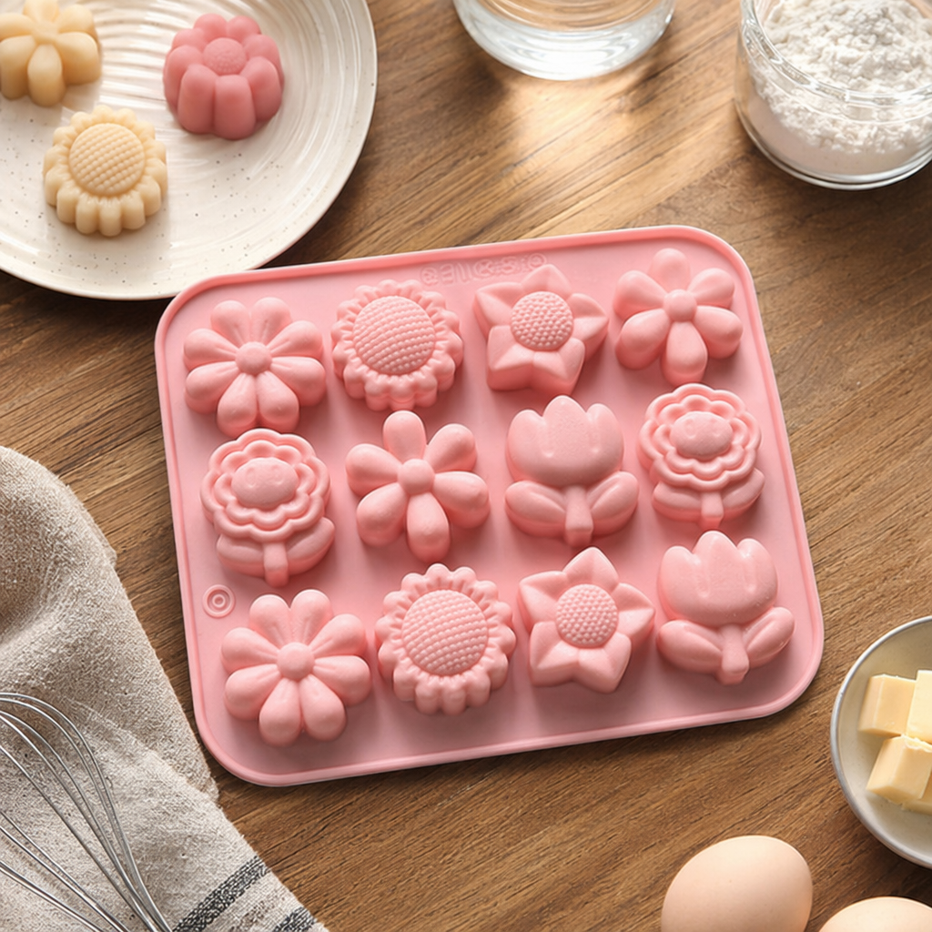 Pink flower-shaped silicone mold baking DIY cake chocolate demolding tool details Picture