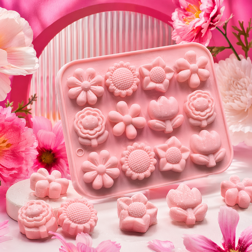 Pink flower-shaped silicone mold baking DIY cake chocolate demolding tool Specification image