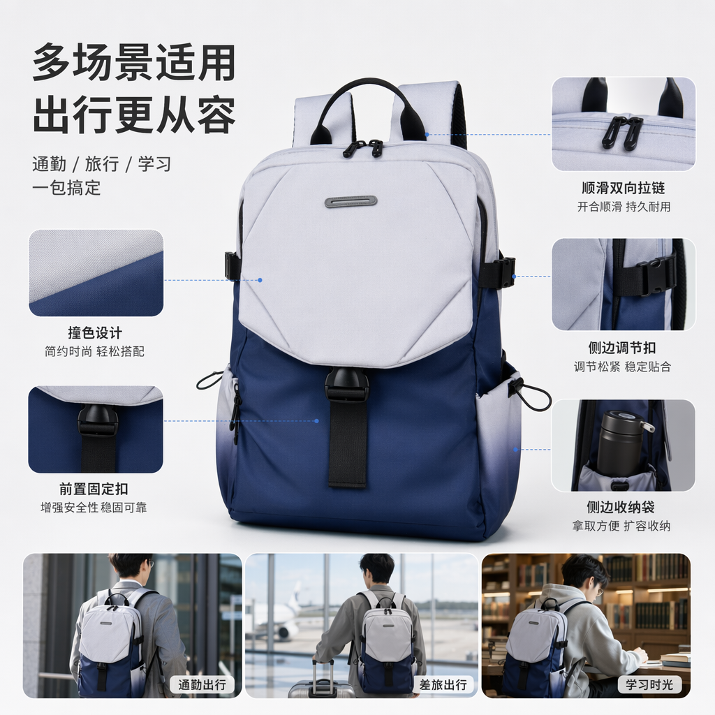 蓝白渐变简约时尚双肩背包轻便大容量学生通勤款