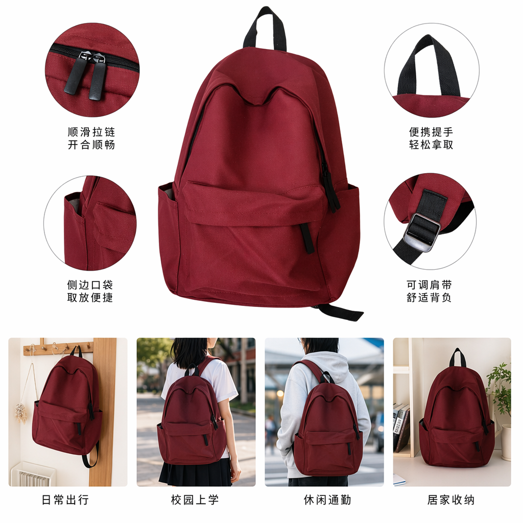 Red fashionable casual backpack, lightweight and large-capacity student commuting travel bag full image
