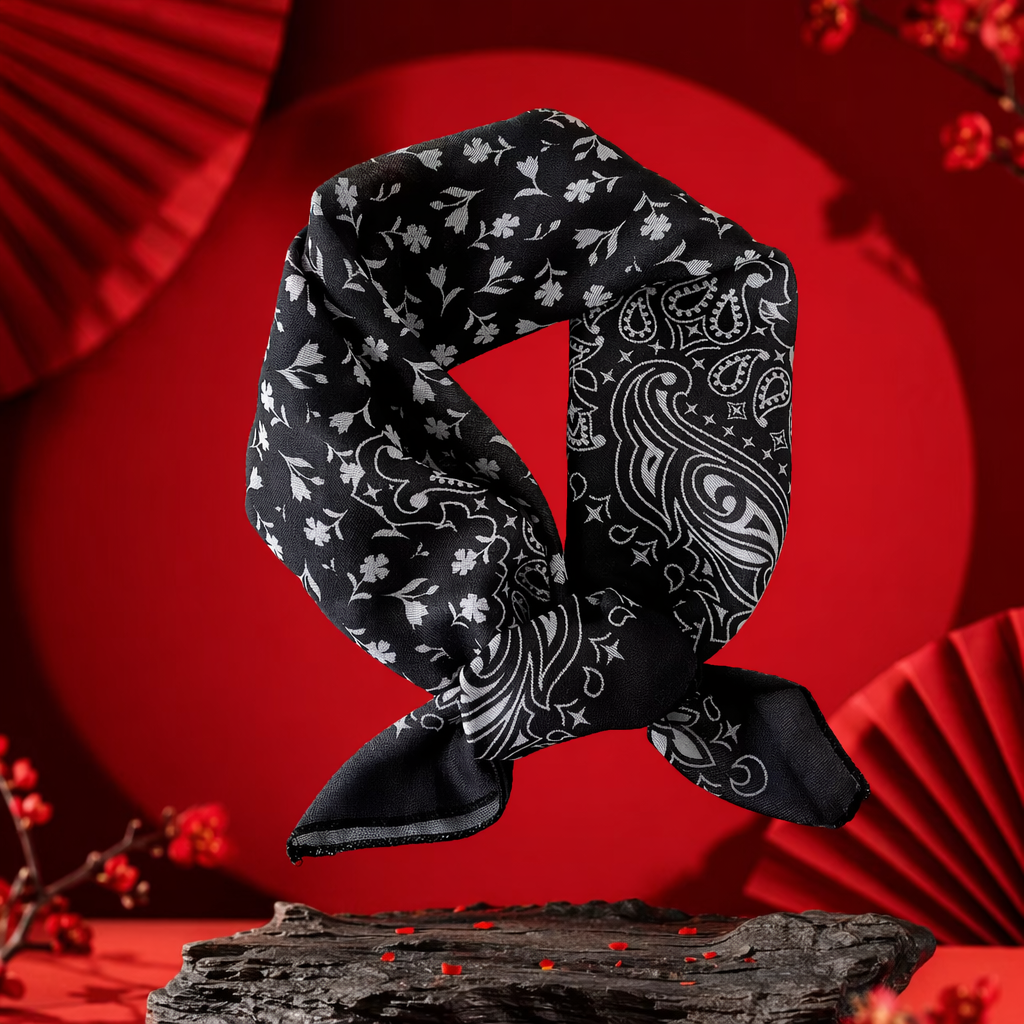 Black floral Paisley patchwork square scarf, a fashionable printed silk scarf for women Specification image