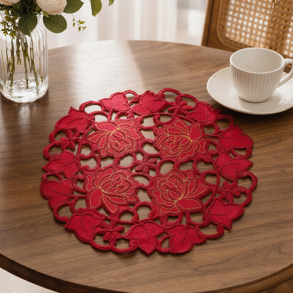 Red satin embroidered handcrafted hollowed-out placemats details Picture