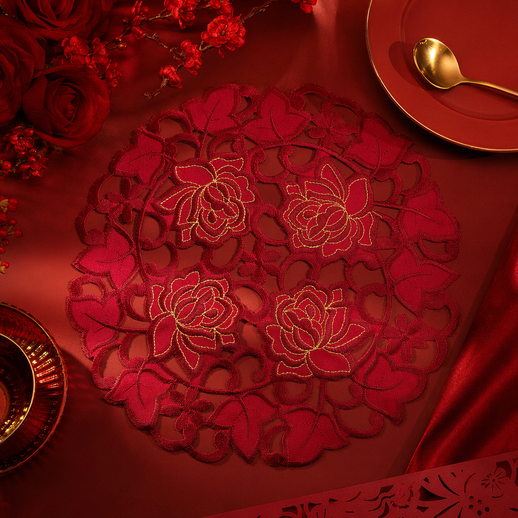 Red satin embroidered handcrafted hollowed-out placemats Specification image