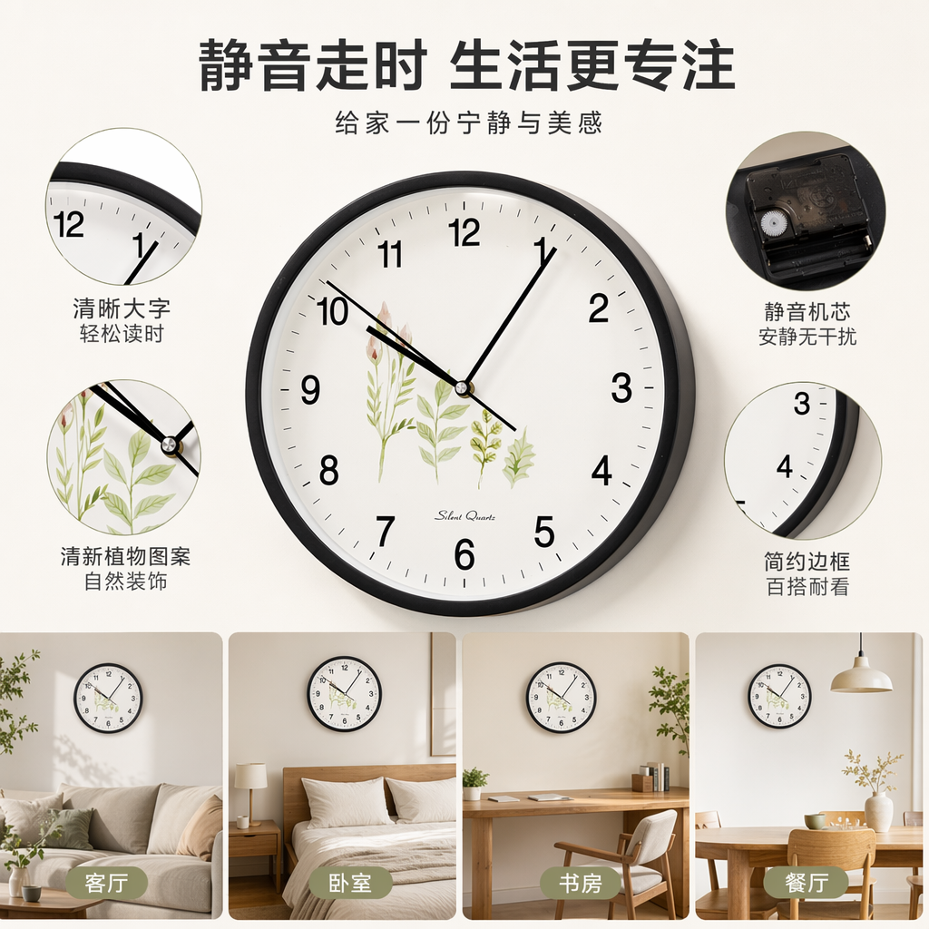 黑色边框挂钟 白色表盘数字刻度 绿色植物水彩图案 指针10点07分