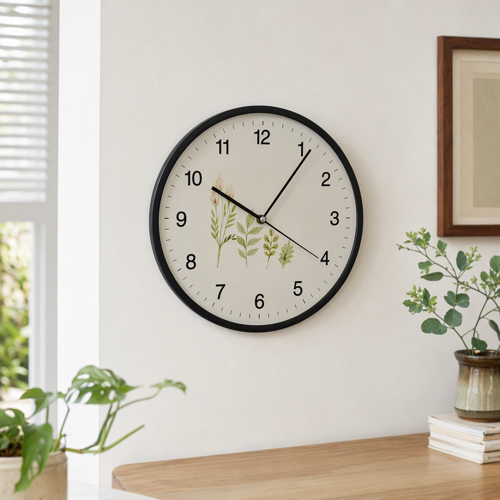 The black-framed wall clock has a white dial with digital scales and green plant watercolor pattern hands for 10:07 details Picture