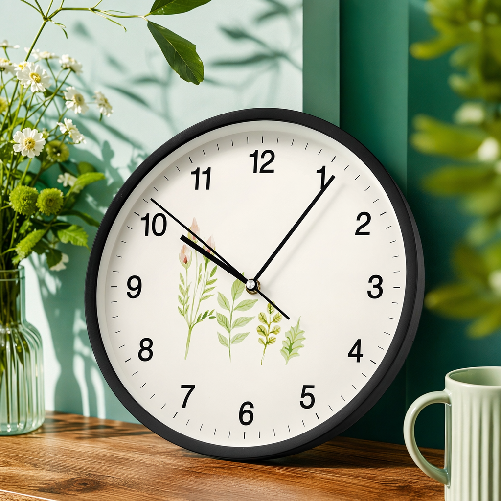 The black-framed wall clock has a white dial with digital scales and green plant watercolor pattern hands for 10:07 Specification image