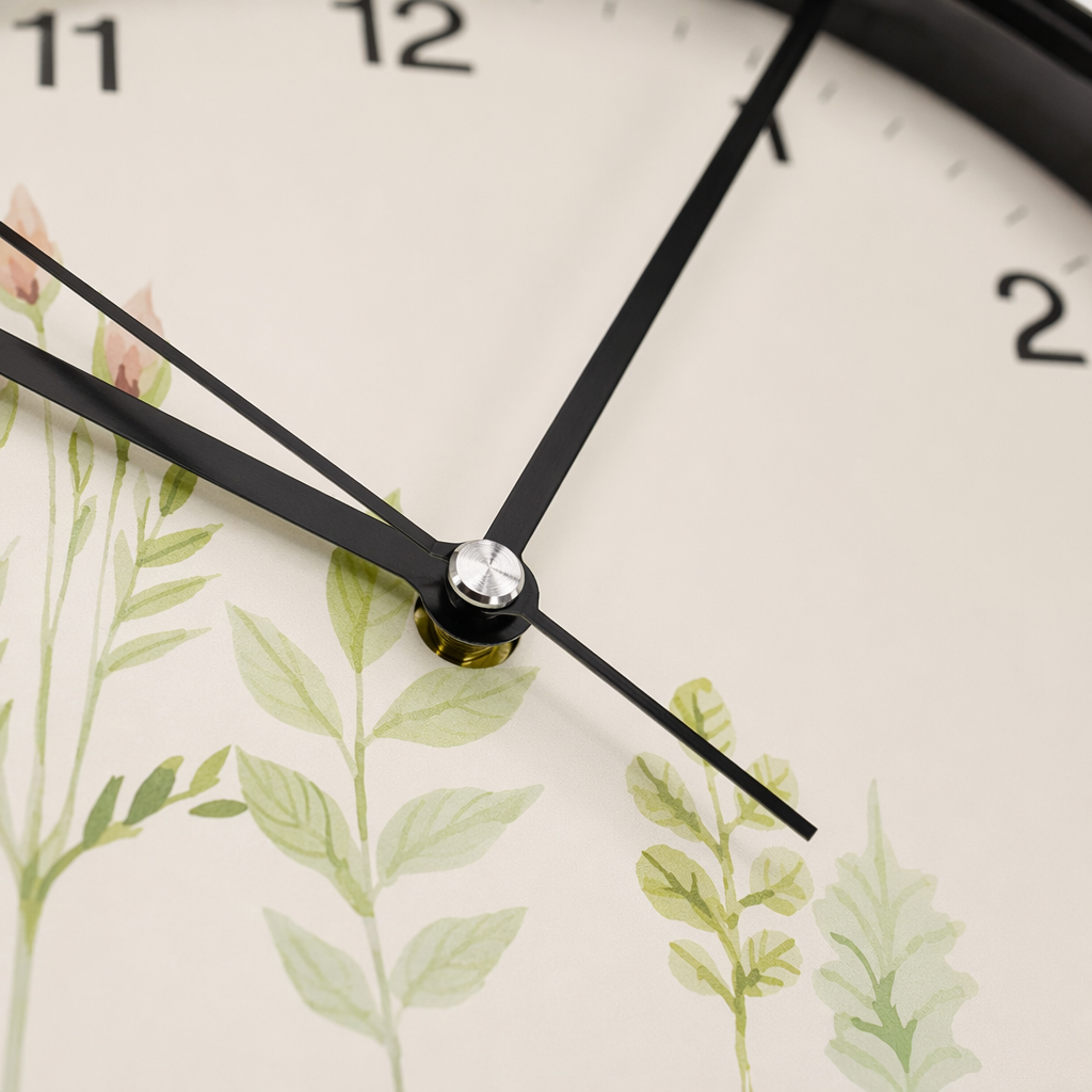 The black-framed wall clock has a white dial with digital scales and green plant watercolor pattern hands for 10:07 Application Scenario