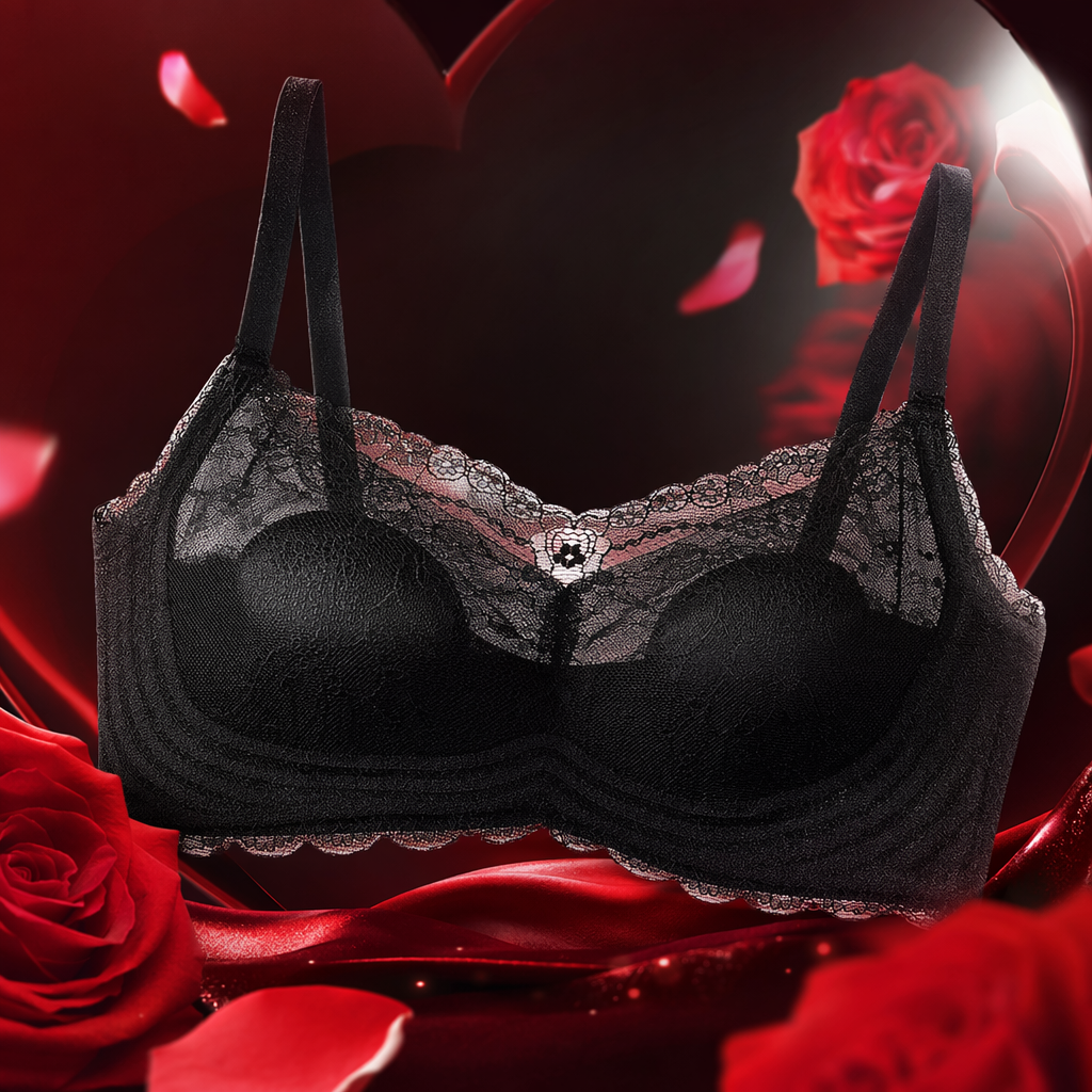 A black lace bra with rabbit ears, a big chest and a small look details Picture