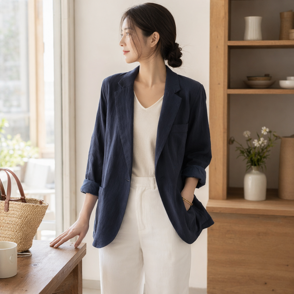 A single piece of business formal wear, a dark blue men's fitted suit jacket details Picture