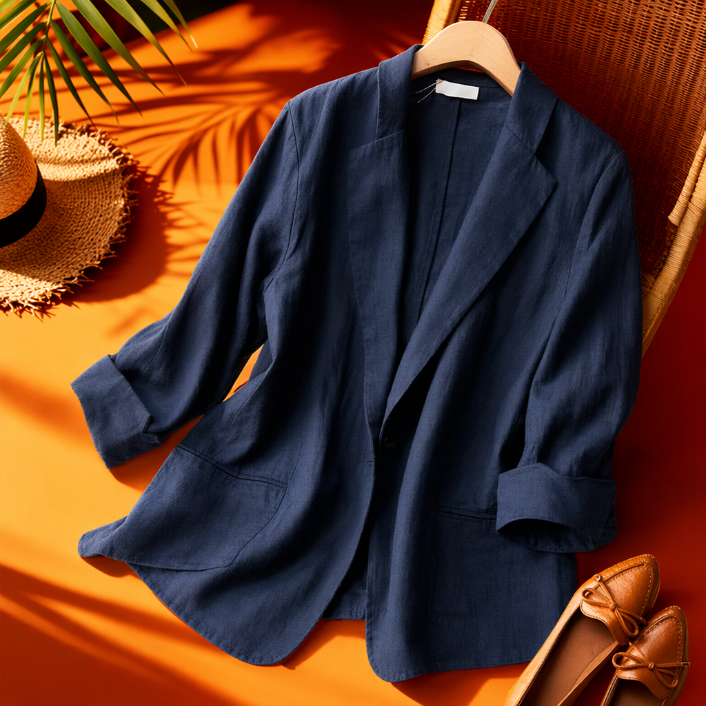 A single piece of business formal wear, a dark blue men's fitted suit jacket Specification image