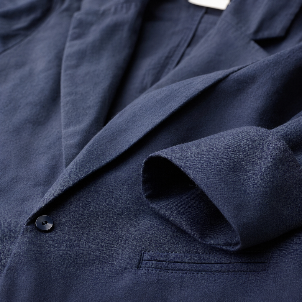A single piece of business formal wear, a dark blue men's fitted suit jacket Application Scenario