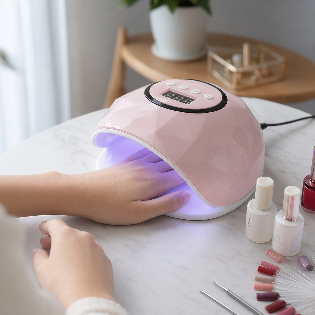 Pink polyhedral UVLED nail lamp 36W quick-drying smart timed charging model details Picture