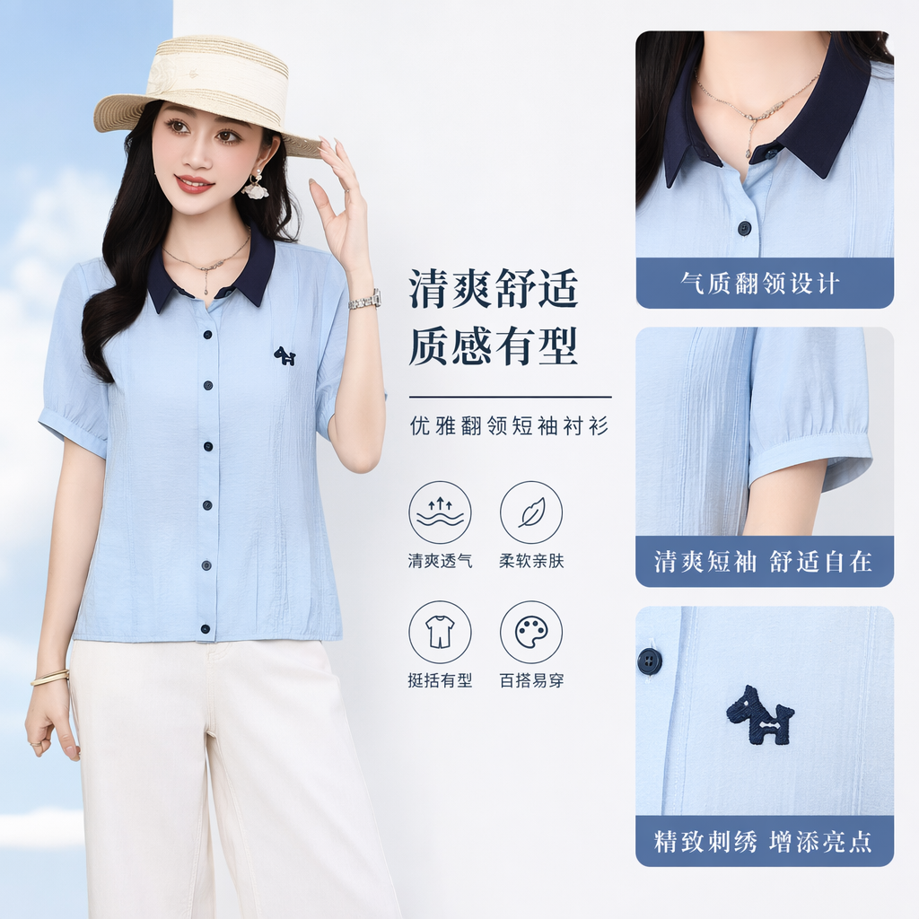 A light blue short-sleeved shirt with a dark blue collar for women, a fashionable and casual top