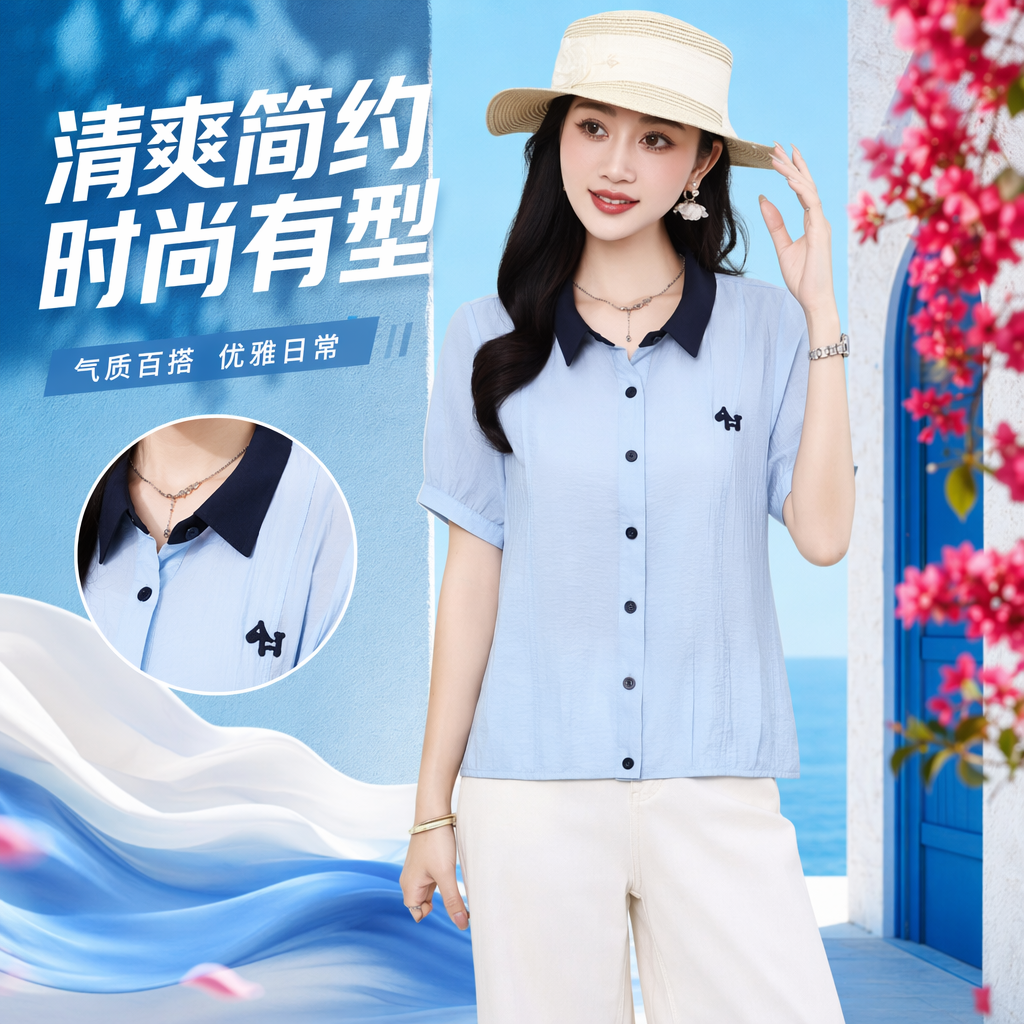 A light blue short-sleeved shirt with a dark blue collar for women, a fashionable and casual top Specification image
