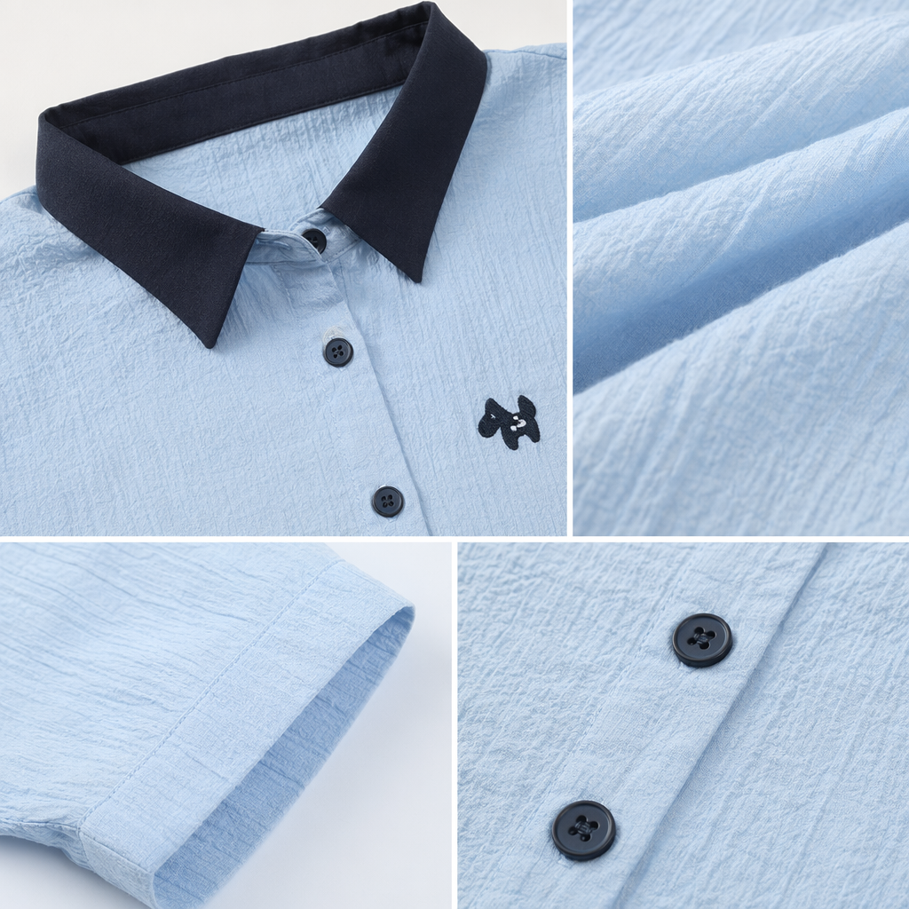A light blue short-sleeved shirt with a dark blue collar for women, a fashionable and casual top Application Scenario