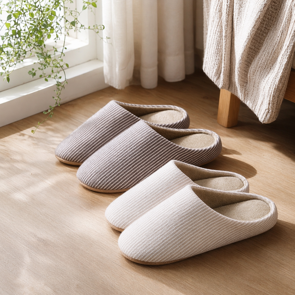 Striped design comfortable home slippers for both men and women, anti-slip soft soles details Picture