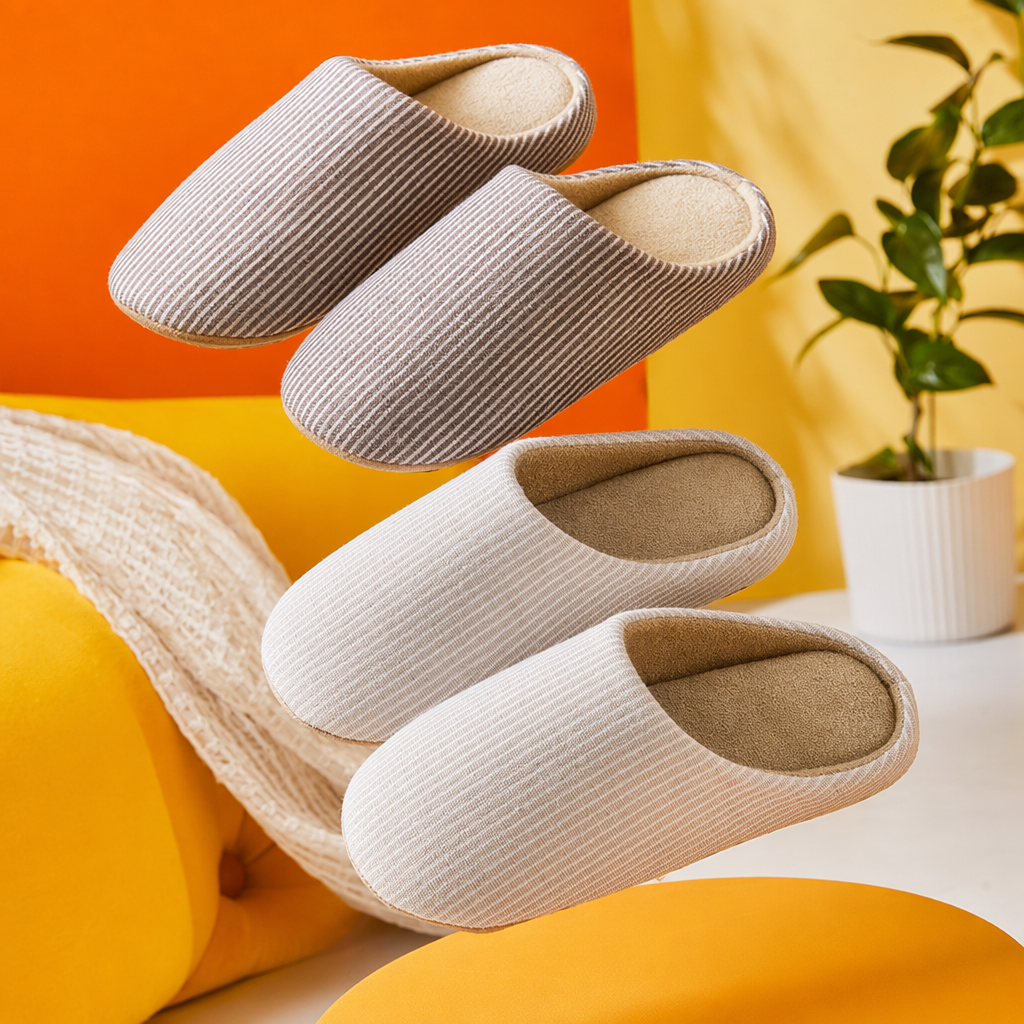 Striped design comfortable home slippers for both men and women, anti-slip soft soles Specification image