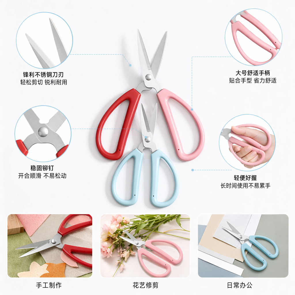 Three pairs of colorful handle scissors made of stainless steel, sharp for home use, multi-functional for cutting paper and cloth