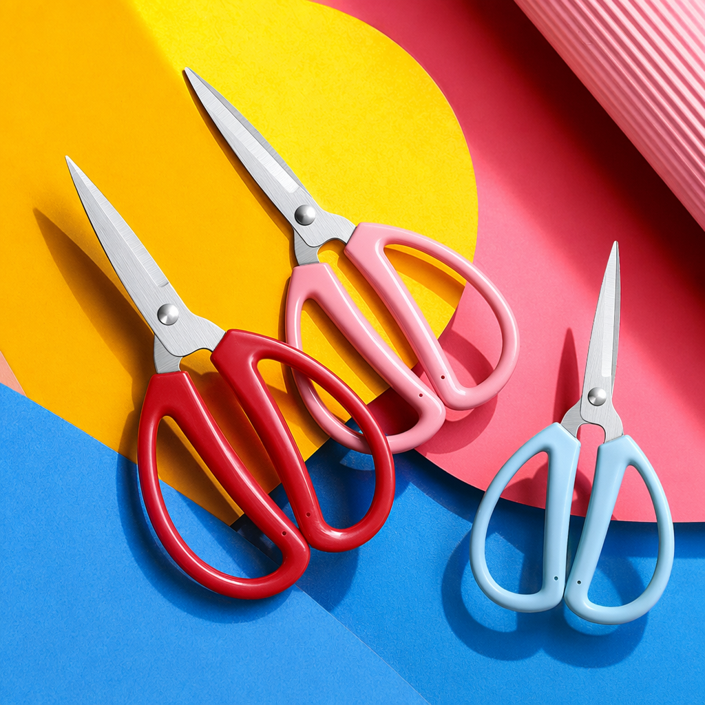 Three pairs of colorful handle scissors made of stainless steel, sharp for home use, multi-functional for cutting paper and cloth Specification image