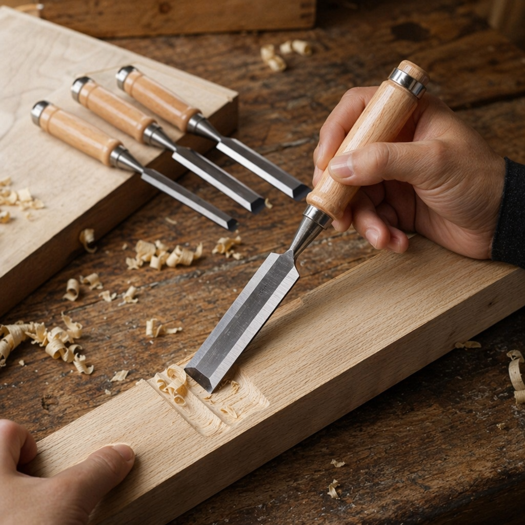 Blue packaging wooden chisel four-piece set with wooden handle and metal chisel body details Picture