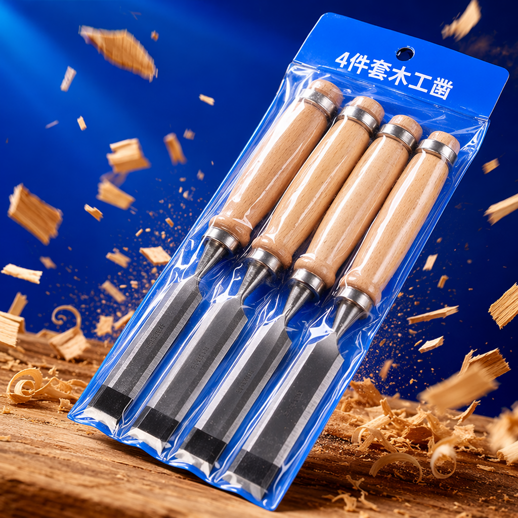 Blue packaging wooden chisel four-piece set with wooden handle and metal chisel body Specification image