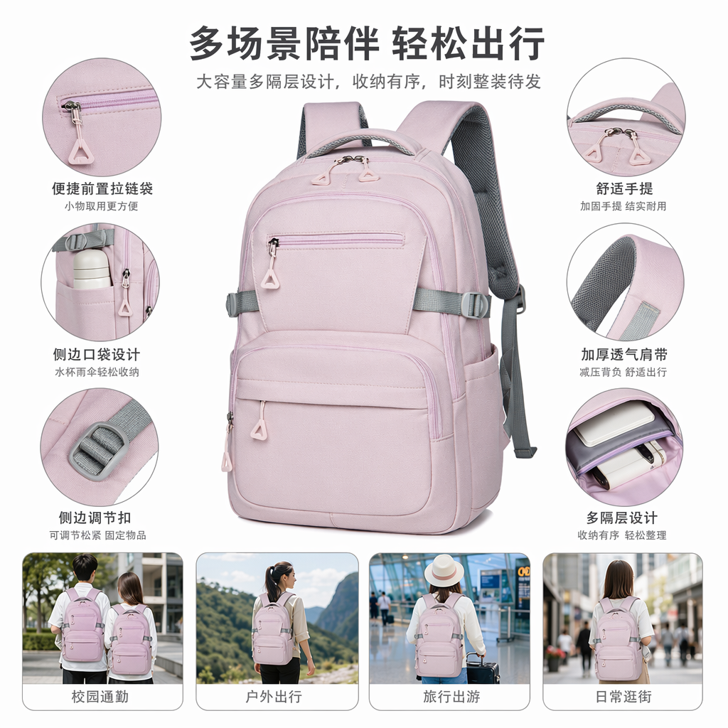 Pink backpack for female college students, lightweight, large-capacity, simple, fashionable and casual backpack full image