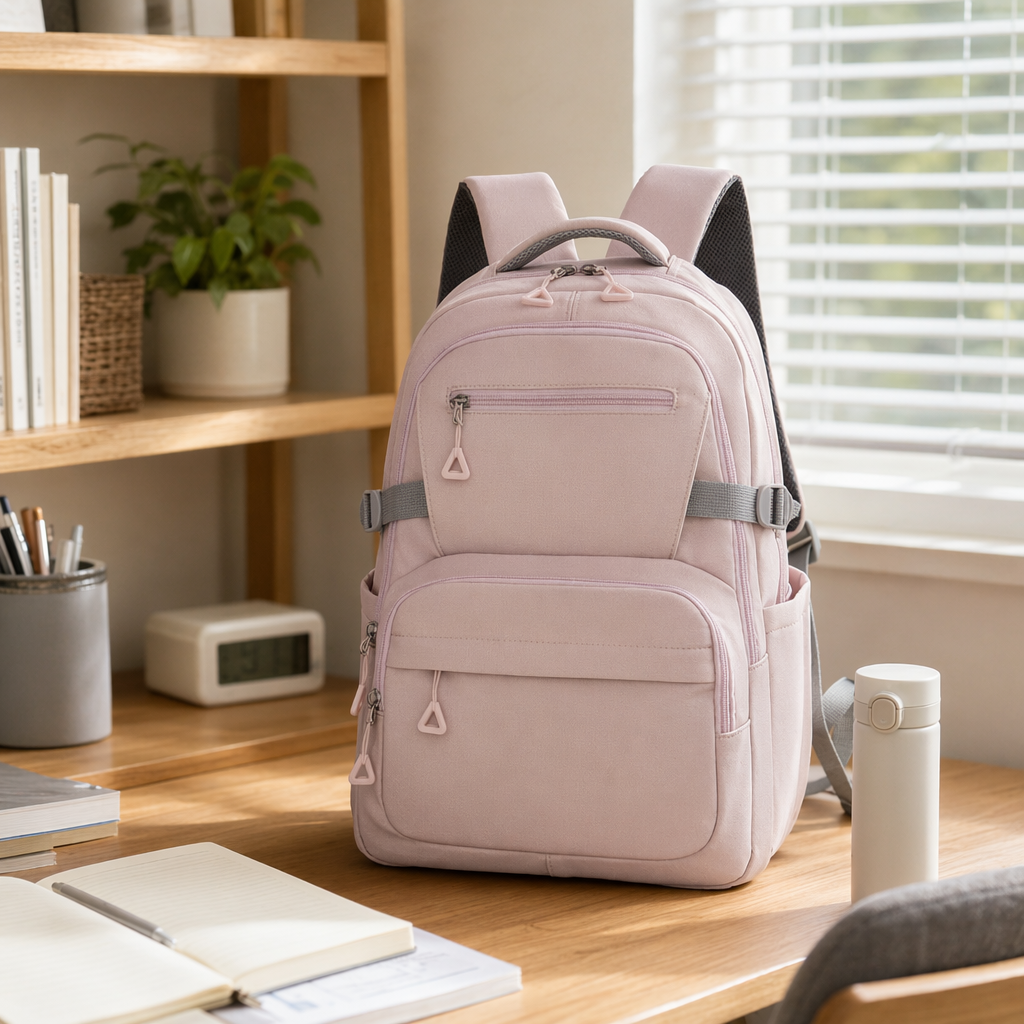 Pink backpack for female college students, lightweight, large-capacity, simple, fashionable and casual backpack details Picture