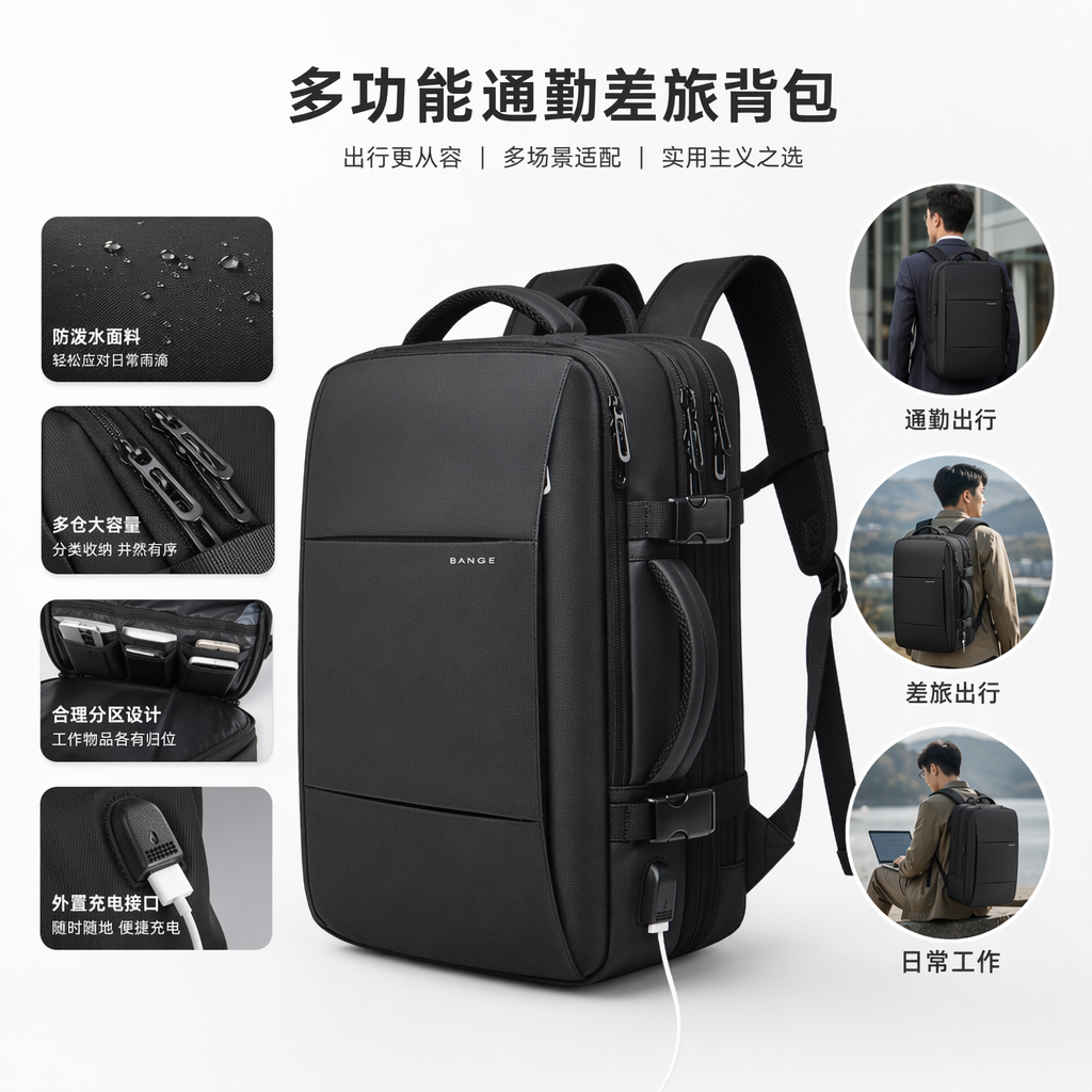 Black backpack, lightweight and large-capacity student commuting travel backpack