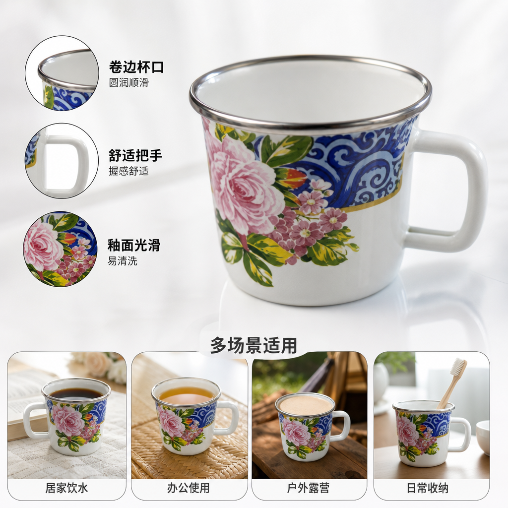 彩色花卉图案搪瓷杯复古手绘陶瓷马克杯家用咖啡杯
