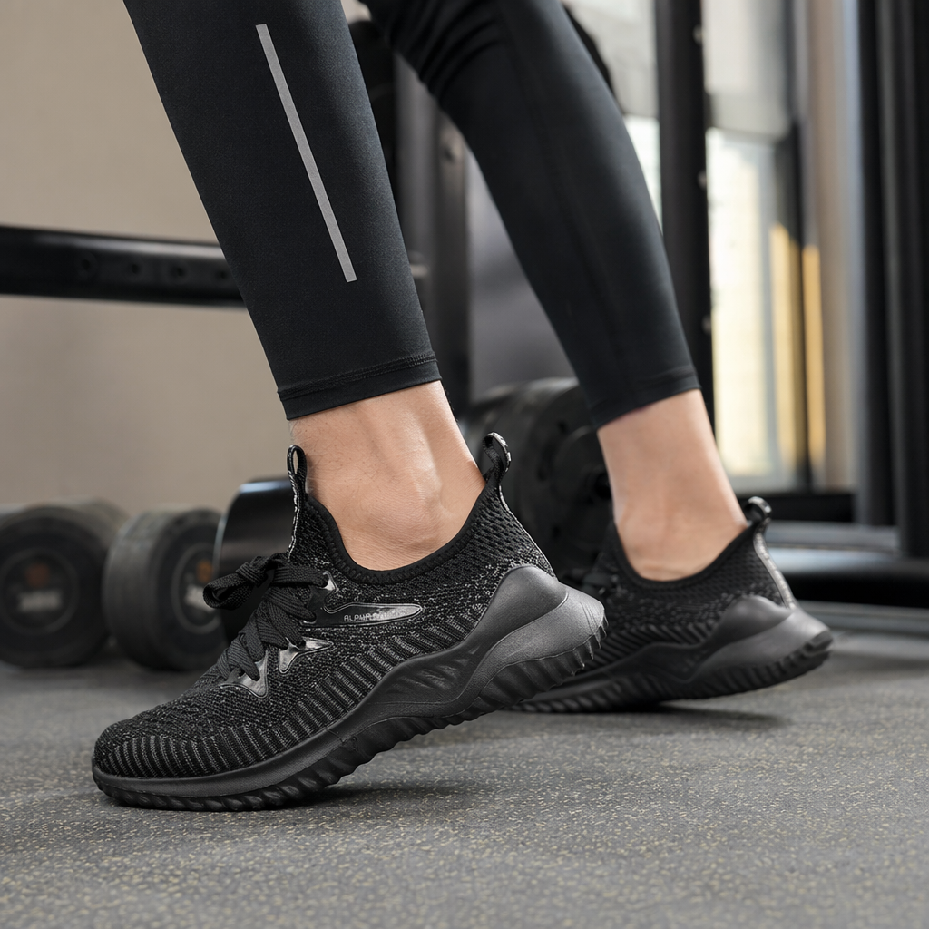 Black knitted sports shoes, breathable, lightweight and shock-absorbing, men's and women's casual running shoes details Picture