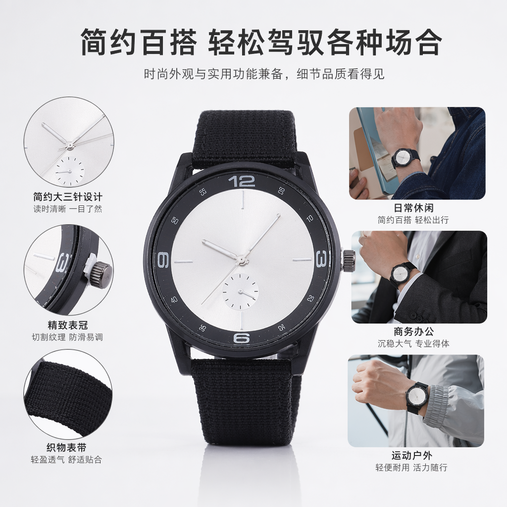 黑色表带男士石英手表简约商务休闲防水夜光