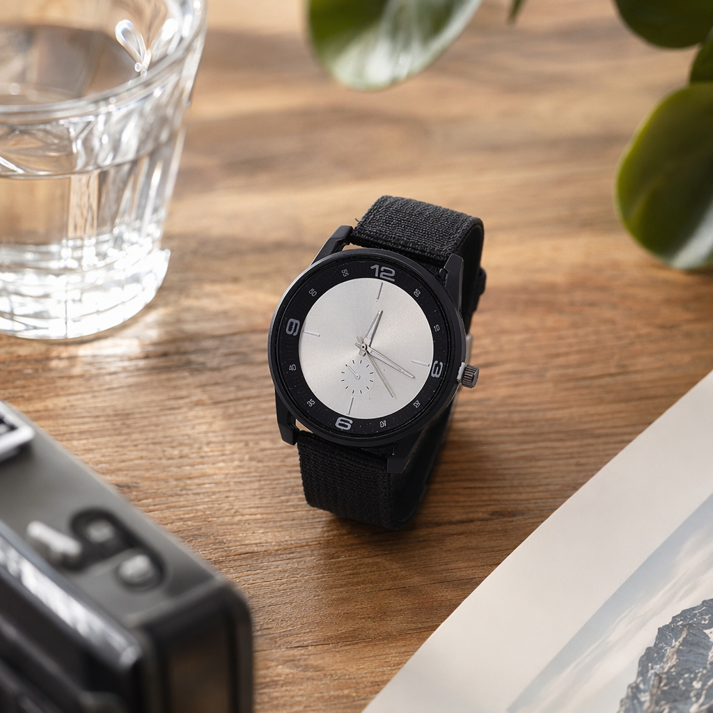 Black strap men's quartz watch, simple business casual, waterproof and luminous details Picture