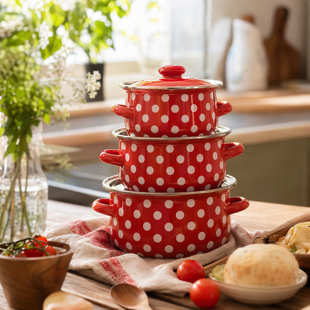 Red and white dot non-stick cookware, household woks, frying pans, soup POTS, multi-functional kitchen cookware details Picture