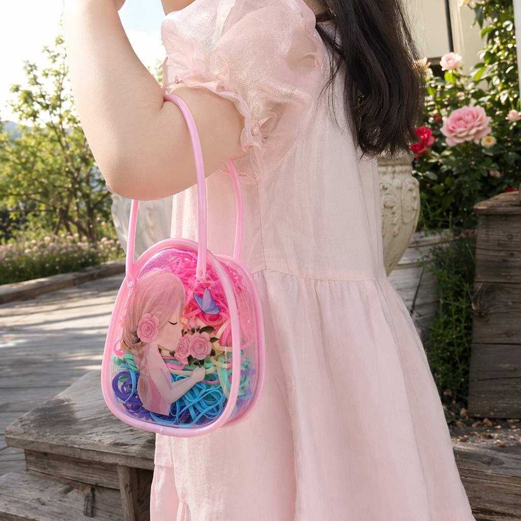A pink transparent handbag paired with a colorful hair band set of fashionable storage accessories details Picture