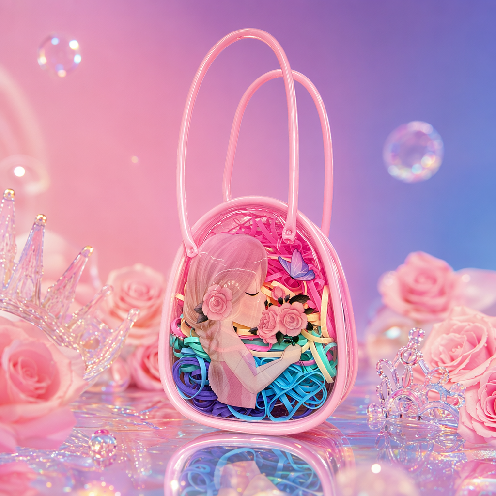 A pink transparent handbag paired with a colorful hair band set of fashionable storage accessories Specification image