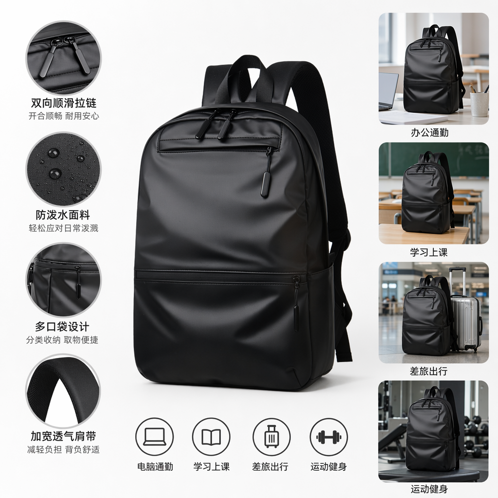 Black simple business casual backpack, suitable for both men and women, lightweight and large-capacity for commuting and travel