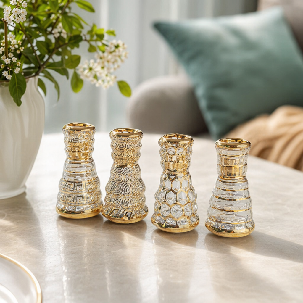 A golden decorative glass vase for the living room is a simple and high-appearation-level home decoration in the Nordic style details Picture