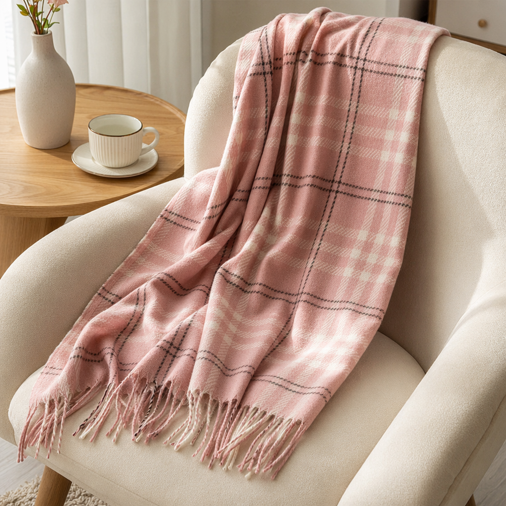 The pink checkered scarf is a warm and fashionable accessory made of pure cotton for women in autumn and winter details Picture