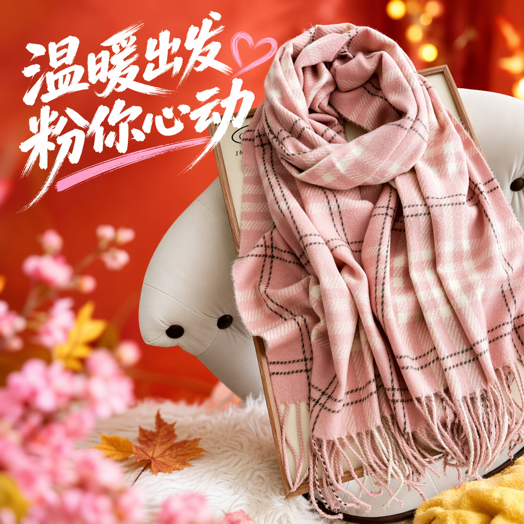The pink checkered scarf is a warm and fashionable accessory made of pure cotton for women in autumn and winter Specification image