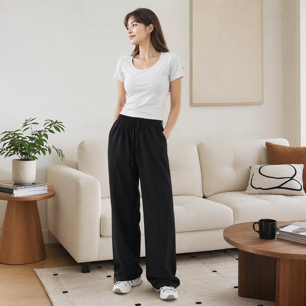 Black Tencel 9-inch trousers for women, high-waisted, slimming and draping casual pants details Picture