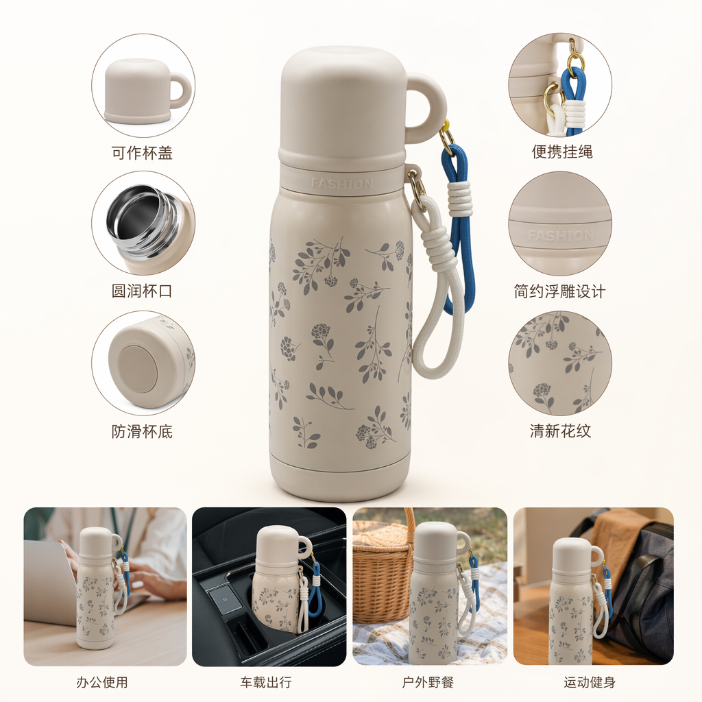 Beige floral patterned insulated cup, 304 stainless steel vacuum insulated portable water cup