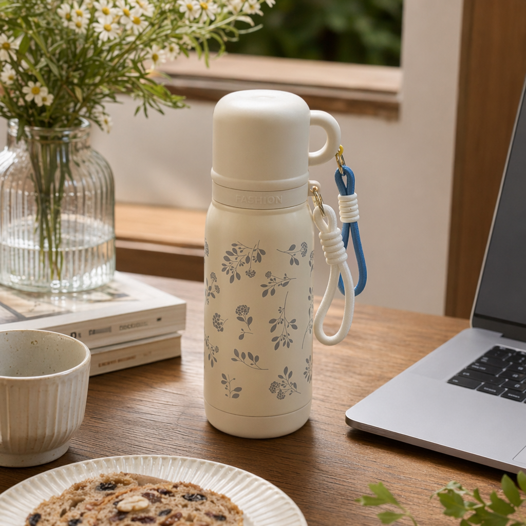 Beige floral patterned insulated cup, 304 stainless steel vacuum insulated portable water cup details Picture