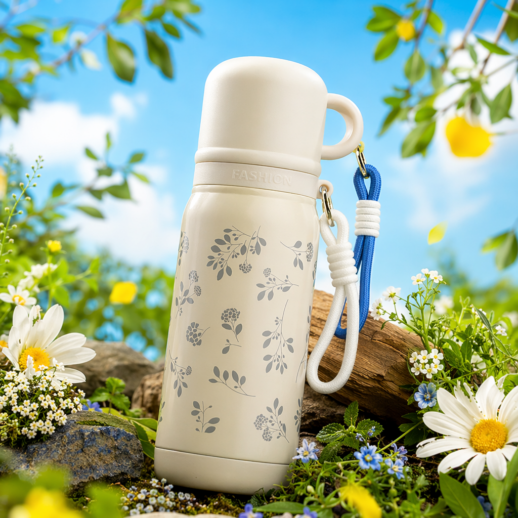 Beige floral patterned insulated cup, 304 stainless steel vacuum insulated portable water cup Specification image