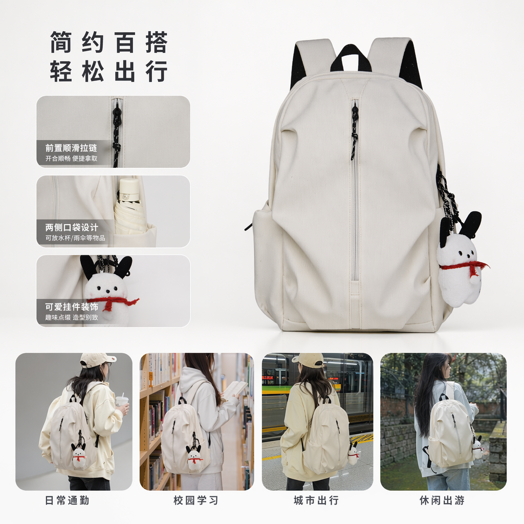 This white, simple and fashionable casual backpack features adjustable shoulder straps, making it lightweight and durable for commuting to school full image