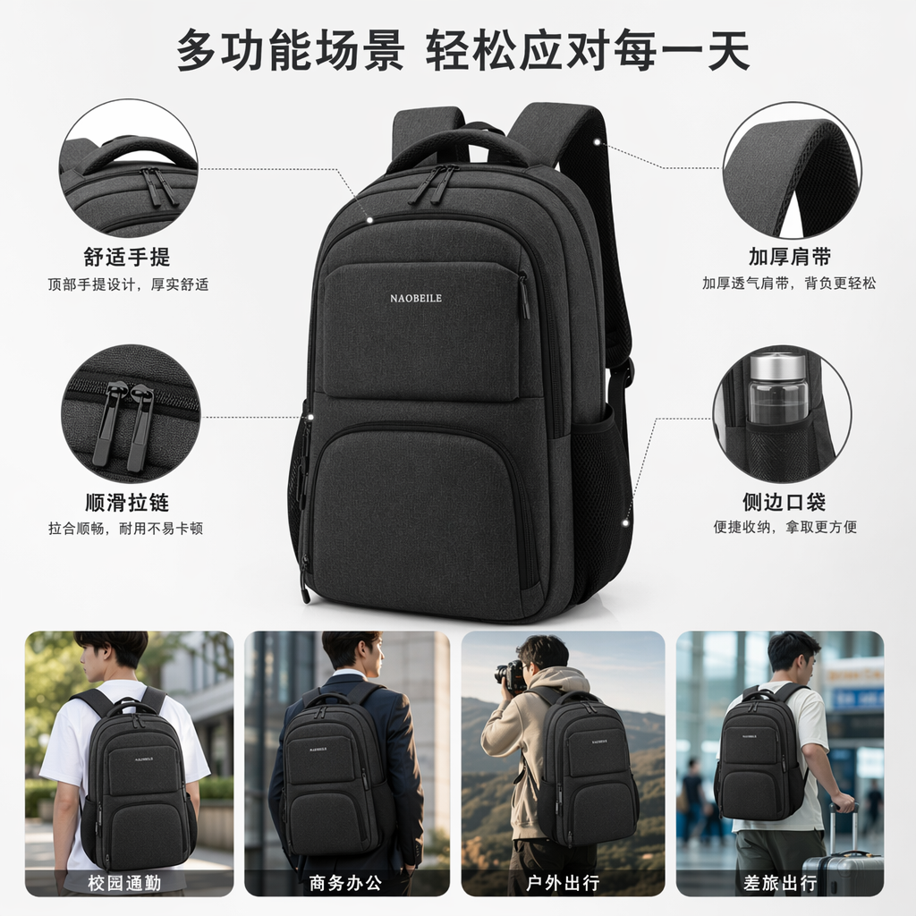 灰色耐磨尼龙通勤双肩背包轻量大容量